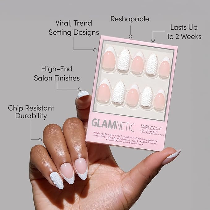 Glamnetic Press On Nails - Sweater Weather | Short Almond Fake Nails with White Glitter French Tips & 3D Designs in a Glossy Finish, Salon Quality Winter Nails | 15 Sizes - 30 Nail Kit with Glue
