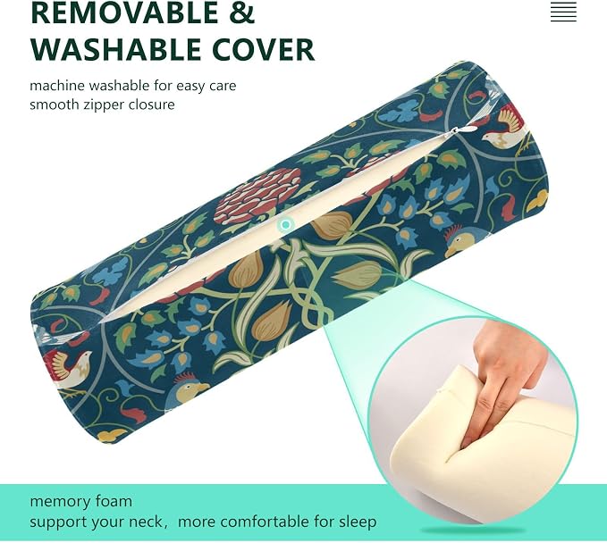 Green Birds Flower Vintage Neck Roll Pillow Bolster Round Health Memory Foam Long Cervical Cylinder Body Pillows with Removable Washable Cover for Bed Legs Back Yoga