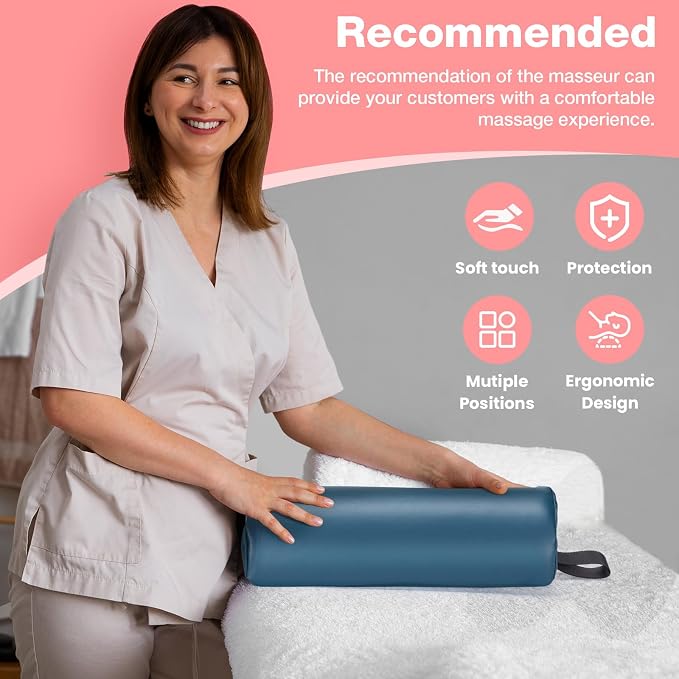 Half Round Massage Bolster for Neckrest, 17 x 6 x 4 in PU Leather Neck Pillow with Strap Handle, Comfortable Half Moon Bolster Pillow for Legs Under Knees Back Pain Relief Massage Table Bolsters, Blue