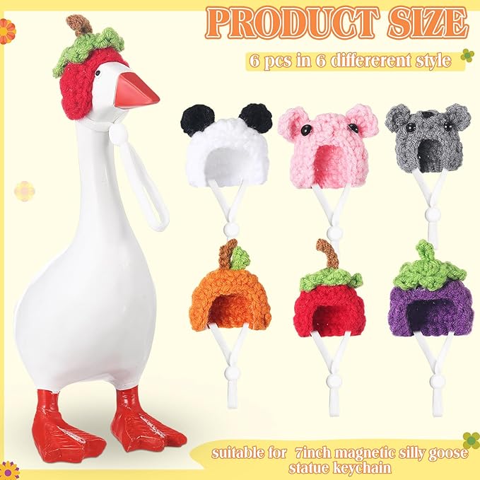 Geyoga 6 Pcs Mini Knitted Hats 7 Inch Goose Outfits Hat with Adjustable Strap Mini Porch Goose Headwear for Statue Key Holder