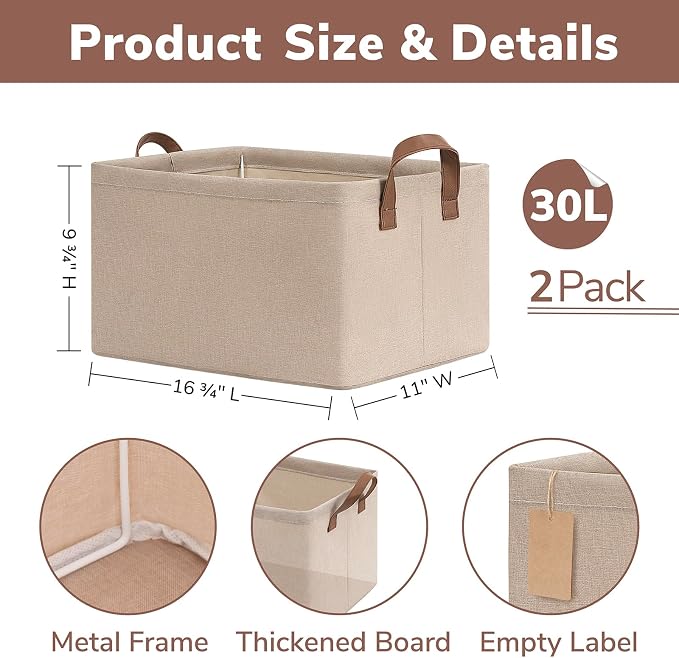 CHICVITA Large Fabric Storage Baskets for Shelves, Handles, 2-Pack, Brown | 30L, 16 ¾" L x 11" W x 9¾" H, Metal Frame, Clothes, Towels, Toys & Books Storage, Closet, Bedroom & Living Room Organization