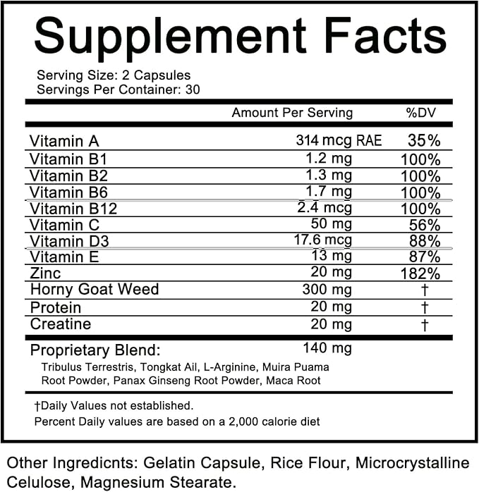 Testosterone + MULTIVITAMIN – Nitric Oxide Supplement with Horny Goat Weed & Maca Root - Energy Support - 60 Capsules