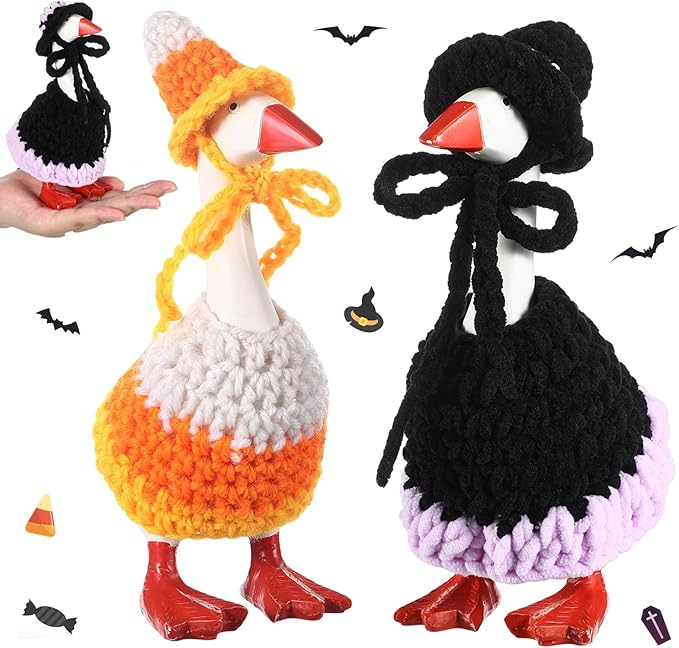 Halloween 7inch Desk Goose Outfits Mini Knitted Costume with Hat for Desk Magnetic Goose Key Holder Halloween Decor (Witch)(2 Sets,Witch and Candy Cone)