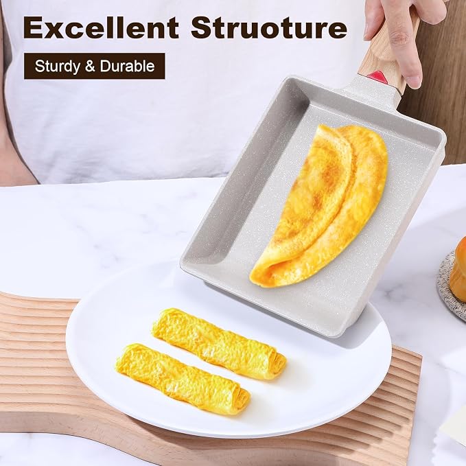 Japanese Omelette Pan, Tamagoyaki Egg Pan, Nonstick Frying Pan with Spatula, Healthy Granite Cookware, PFOS & PFOA Free, 6" x 7" (White)