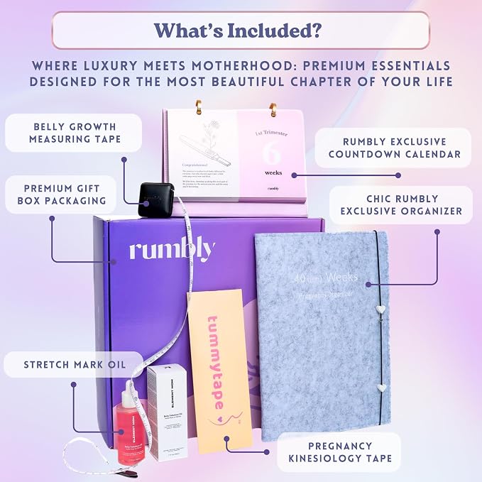 Pregnancy Essentials Box - 5-Piece Pregnancy Care Package for Expecting Mom - Belly Growth Tape, Countdown Calendar, Belly Oil, Kinesiology Tape, Organizer - Any Trimester Gift Basket