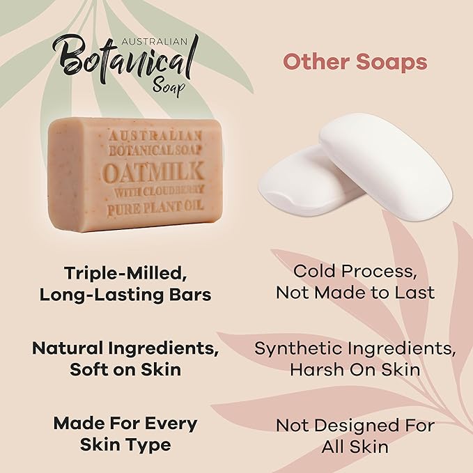 Australian Botanical Soap Oat Milk with Cloudberry – Triple Milled 6.6 oz Bar Soap with Shea Butter, Face Hand & Body Soap Bars, Pack of 4