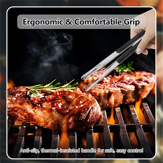 BBQ Tongs Premium Korean Cooking Heat Resistant Metal Kitchen Utensils Set for Frying Grilling Meat Hot Pot and Ice 12 inch Non Slip Grip Tongs for Cooking Essentials