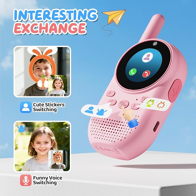 Video Walkie Talkies for Kids, Rechargeable Kids Walkie Talkies with Screen Display & Voice Changer, Outdoor Toys for 3-12 Years Boys Girls Birthday Christmas (Pink/Pink)