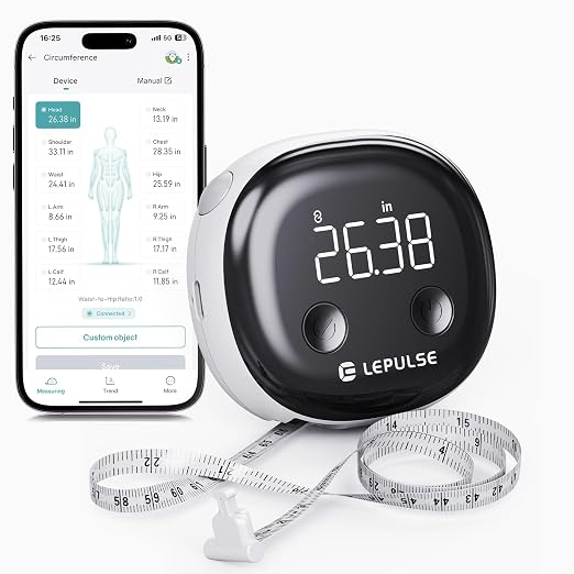 Lepulse Smart Body Tape Measure, Bluetooth Measuring Tape for Body Measurements, LED Display & Fitdays App, Digital Tape Measure for Waist, Hip, Arms, 60in Retractable, USB Rechargeable