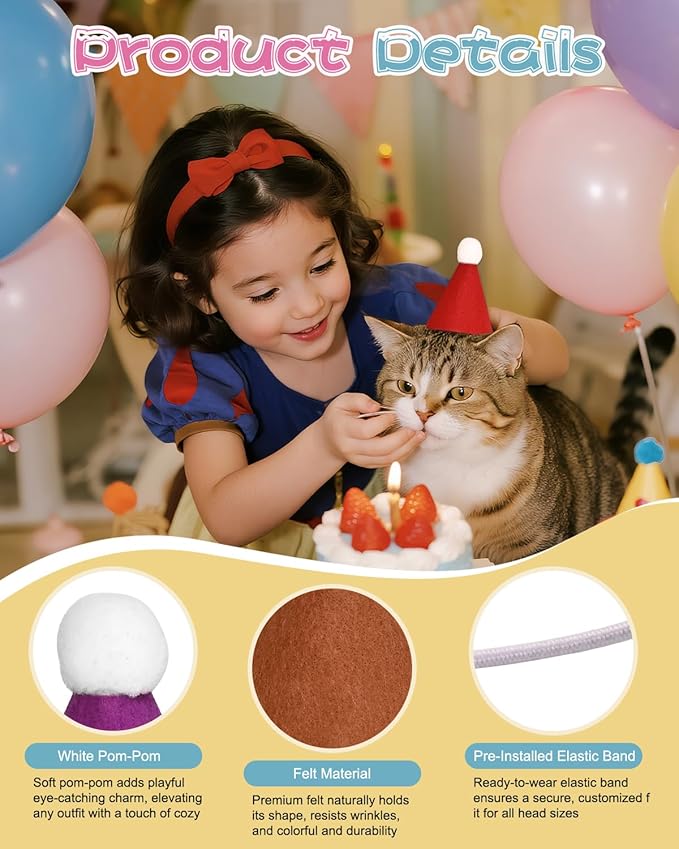 32Pcs Mini Birthday Party Hats for Stuffed Animals, Felt Small Party Hats, Reusable Party Animal Decorations,Cat Birthday Hat