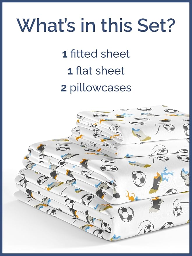 Kids Full Size Bed Sheet Set - 4 Piece Kids Loft Bed Sheets - Soccer Sport Theme bedding - Soft, Cute and Cozy - Breathable and Machine Washable - Football Bed Set for Boys, Girls, Teens & Toddlers