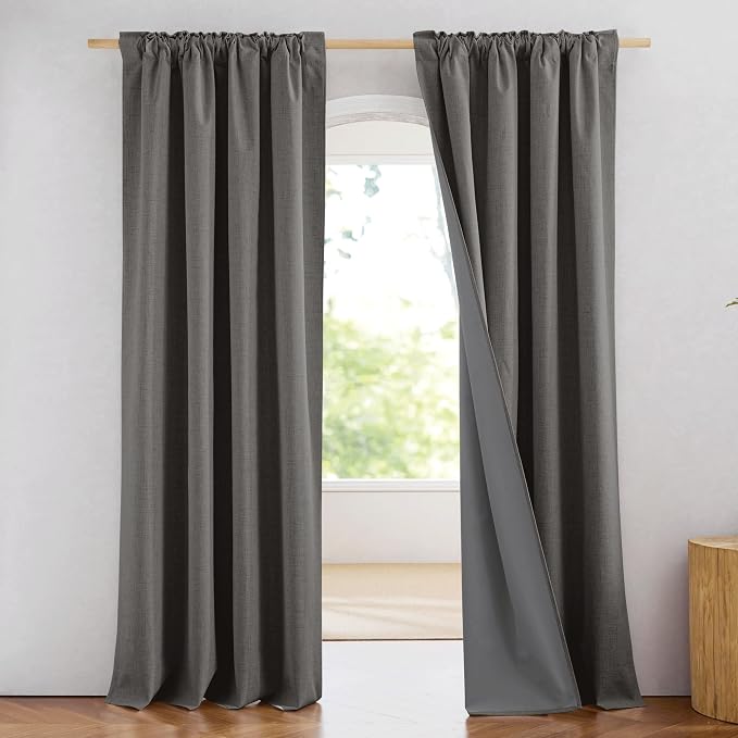 NICETOWN Grizzle Gray Linen 100% Blackout Curtains for Living Room, W52 x L84 in, Set of 2, Thermal Insulated Curtains with Light Blocking Liner, Noise Reducing Rod Pocket Window Treatments for Hall