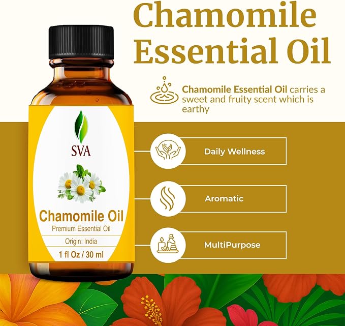 SVA Chamomile Essential Oil 1 Fl Oz – for Diffuser, Skin & Hair Care – Ideal for Massage & DIY Blends