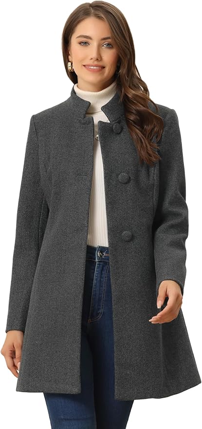 Allegra K Women's Winter Overcoat Mid-Long Stand Collar Single Breasted Coat Outerwear