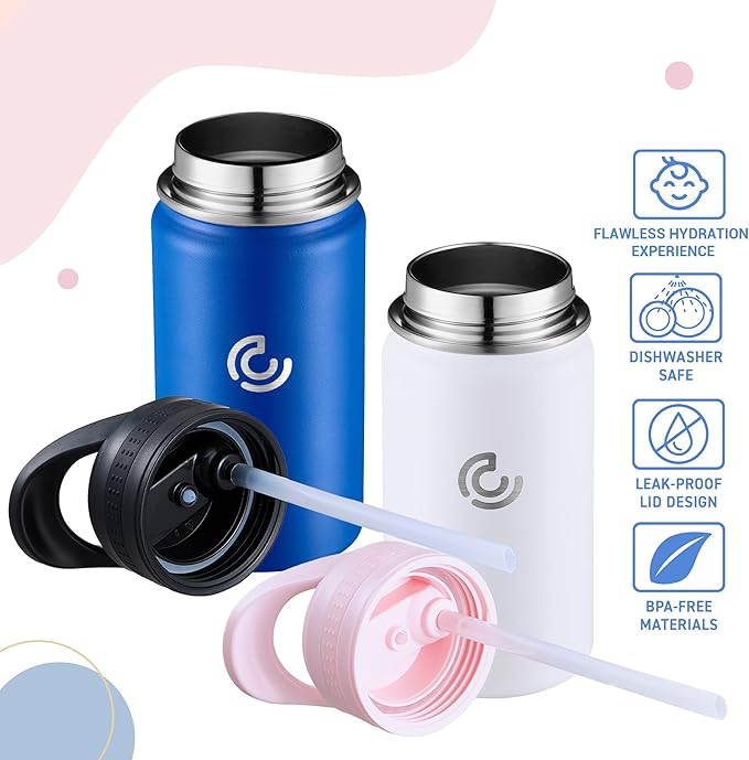 2 Pack Kids Water Bottle,14oz Stainless Steel Insulated Water Tumbler Leak-Proof,School Water Mug,Small and Portable,Suitable for Boys and Girls to Use(White + Blue)