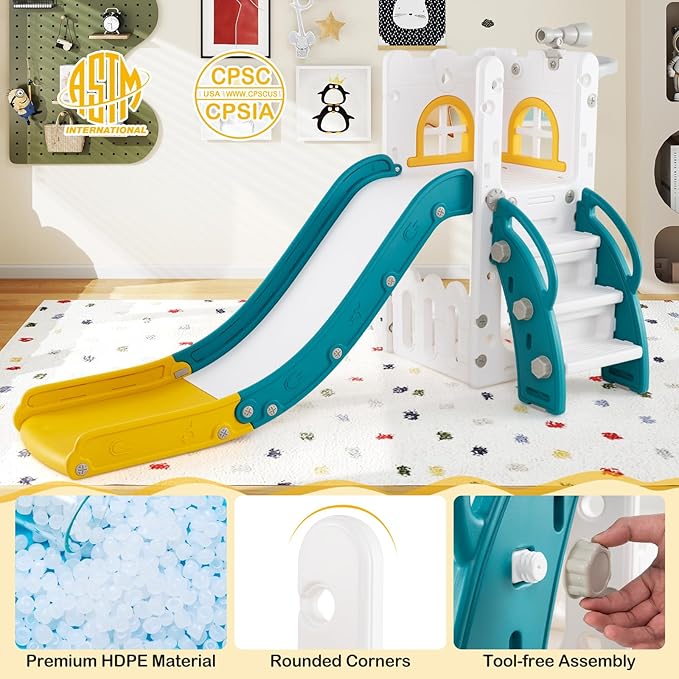 BABY JOY Toddler Slide, 6-in-1 Indoor Kids Slide Playset with Basketball Hoop, Telescope, Climbing Ladder & Storage Space, Freestanding Playhouse & Climber for Kids Aged 1-3 (Yellow)