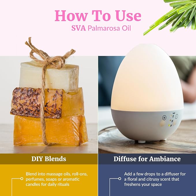 SVA Palmarosa Essential Oil 4 Fl Oz – for Diffuser, Skin & Hair Care – Ideal for Massage & DIY Blends – with Dropper