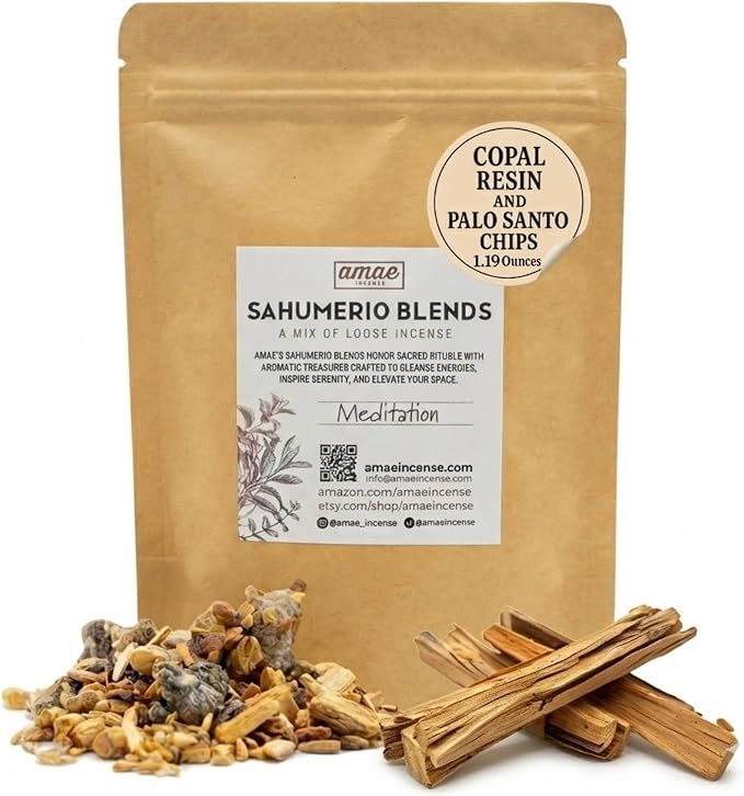 Natural Resin, Herbs & Essence Meditation Mix - Copal & Palo Santo Sacred Blend with Warm Woodsy Aroma - Loose Incense for Cleansing Rituals, Ceremonies & Home Fragrance - 1.19 oz.