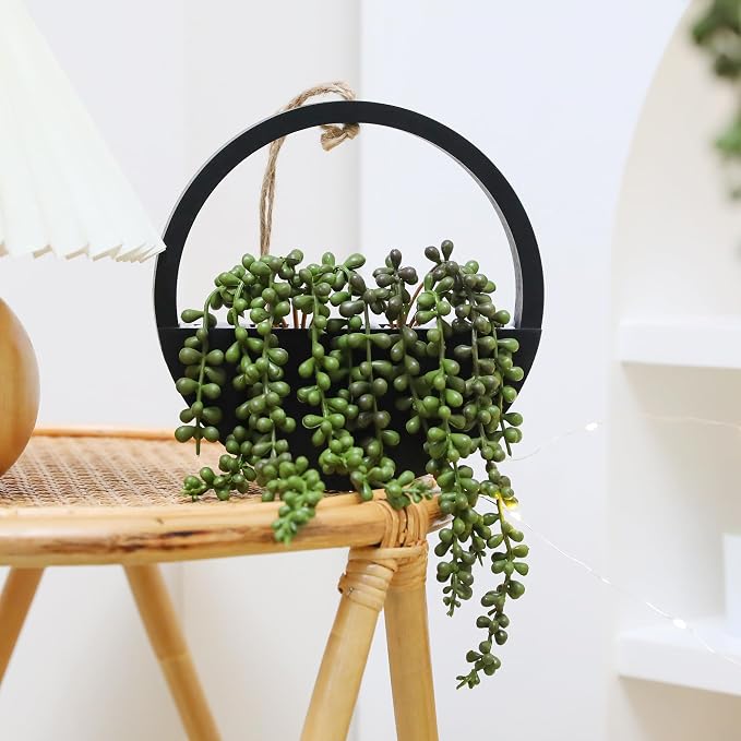 2pcs Artificial Succulents Hanging Plants 20.1'' Fake String of Pearls in Pot with 9.4'' Lanyard for Indoor Outdoor Wall Decor (Black)