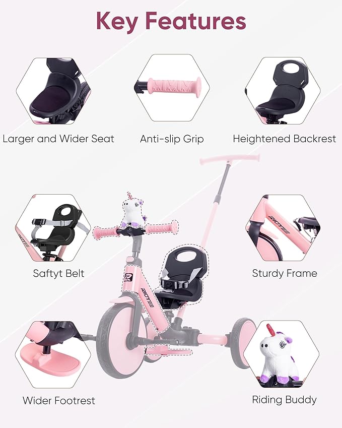 5-in-1 Toddler Tricycle for Ages 1.5–3, Parent Steering Push Trike, Tool-Free Convertible to Balance Bike, Safety Belt, Removable Backrest and Footrest, Ride-On Toy for Boys & Girls, Pink