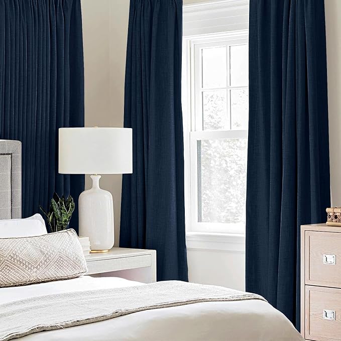 MIULEE Linen Textured Curtains for Bedroom Solid 100% Blackout Thermal Insulated Midnight Blue Grommet Room Darkening Curtains & Drapes Luxury Decor for Living Room 52 x 63 Inch (2 Panels)