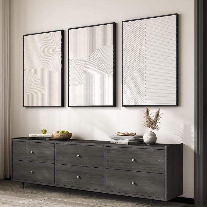 Large Framed 3D Textured Abstract Wall Art for Living Room, 3 Piece Modern White Geometric Pictures Wall Decor, Minimalist Line Paintings for Bedroom Dining Room Hallway Office 24x36 In