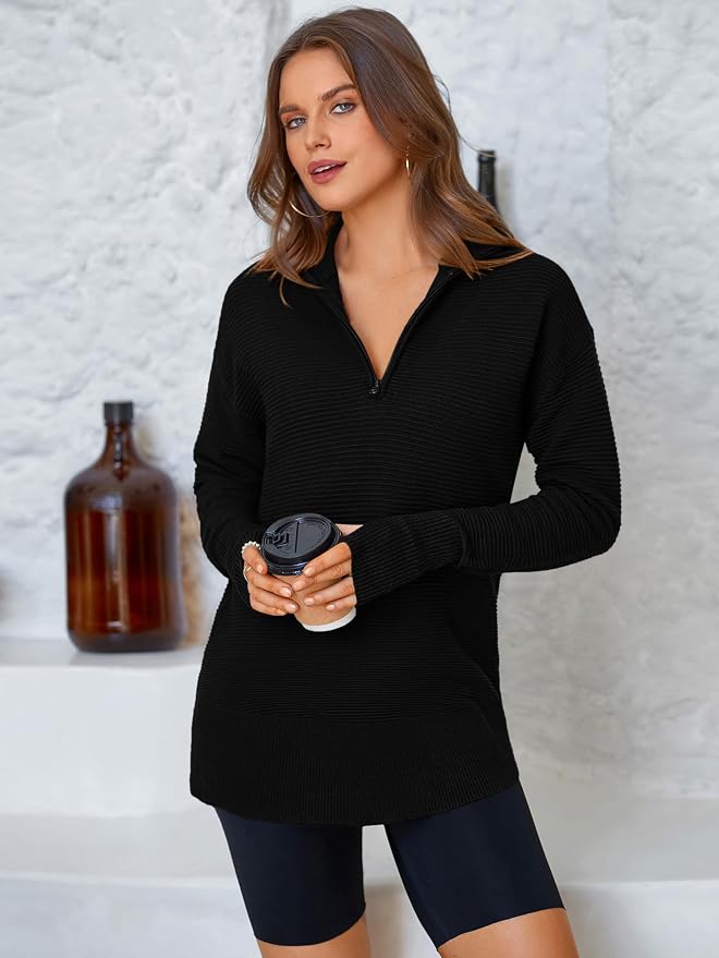 PRETTYGARDEN Womens Long Sleeve Quarter Zip Pullover Sweater Casual Loose V Neck Collared Ribbed Knit Jumper Tops Thumb Hole