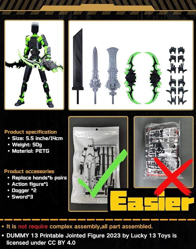T13 (Assembly Completed) 3D Printed Action Figure,Dummy 13 Robot Action Figures, T13 Collectible Action Figure Articulated, for Collectors Desktop Decorations, muñeco de acción (Black Green)
