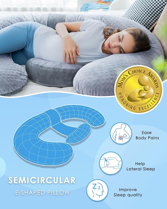 QUEEN ROSE Pregnancy Pillow E Shaped with Detachable Wedge, Adjustable Full Body Maternity Pillow for Sleeping, Dual-Sided Velvet Cover, 60 Inch Support for Side Sleepers, Grey