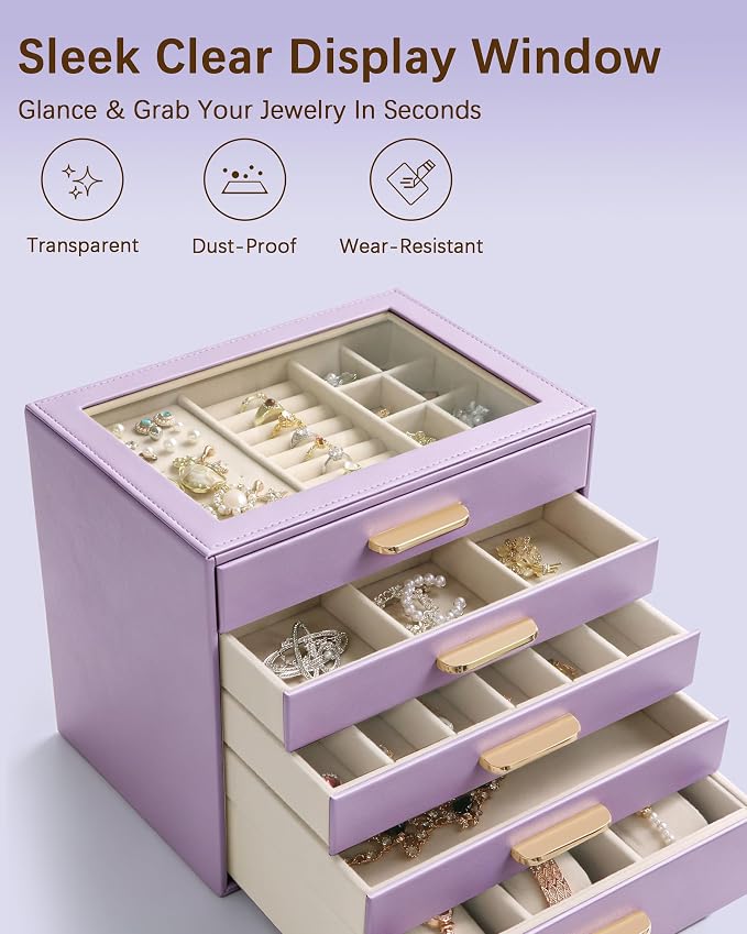 Homeanda Jewelry Boxes Organizer with Glass Lid, 5-Layer PU Leather, Purple | Modern style display case with 5 drawers for daily jewelry, women, mom or girl gift