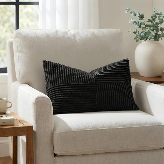 MIULEE Black Decorative Lumbar Throw Pillow Covers 12x24 Inch 2 Pack | Boho Farmhouse Pillow Covers, Soft Cross Corduroy Patchwork Textured Cushion Cases For Bed Sofa