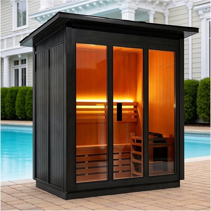Outdoor Steam Sauna 3 Person, Canadian Hemlock Sauna Room with 6KW ETL Toule Heater, Traditional Backyard Sauna Spa with Asphalt Shingles, Luxury Sauna Accessories for Home & Garden
