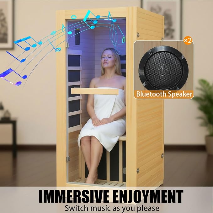 Sauna, Infrared Saunas for Home, Low EMF Indoor Sauna Room Dry Sauna Wood Build Hemlock 1 Person Sauna with Tempered Glass Door/Speakers/Air Hole -Single Person Sauna 32.3 * 28.4 * 61.4"