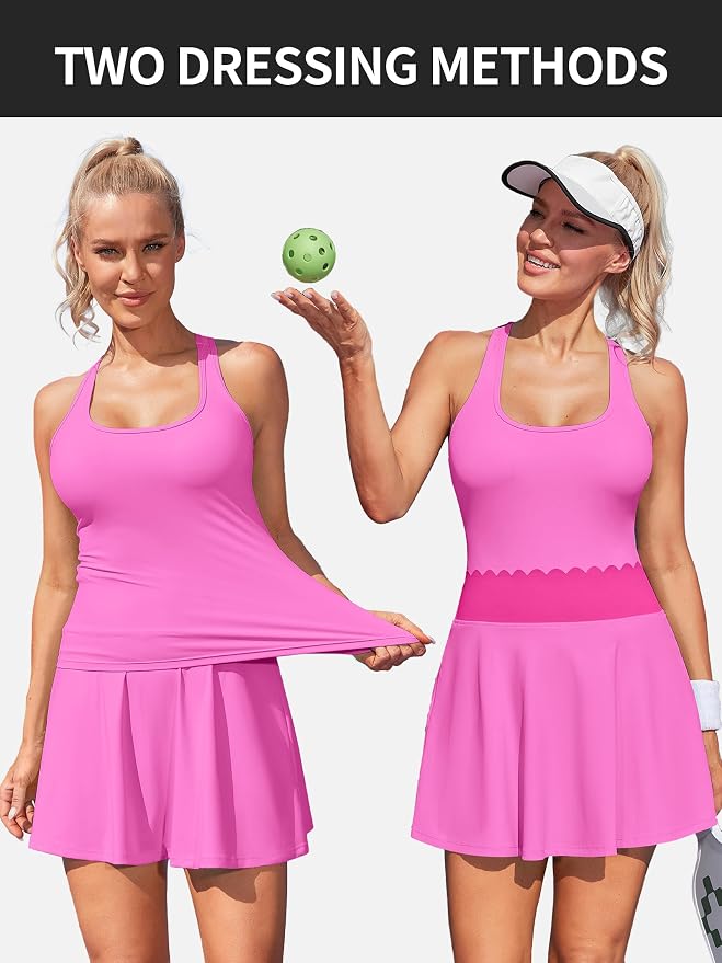 ATTRACO Tennis Outfits for Women Racerback Golf Dress Workout Dress | Athletic Skirt Set, Built-in Shorts, 2 Pockets, Scalloped, Racerback, High Waisted, Pickleball, Workout Set