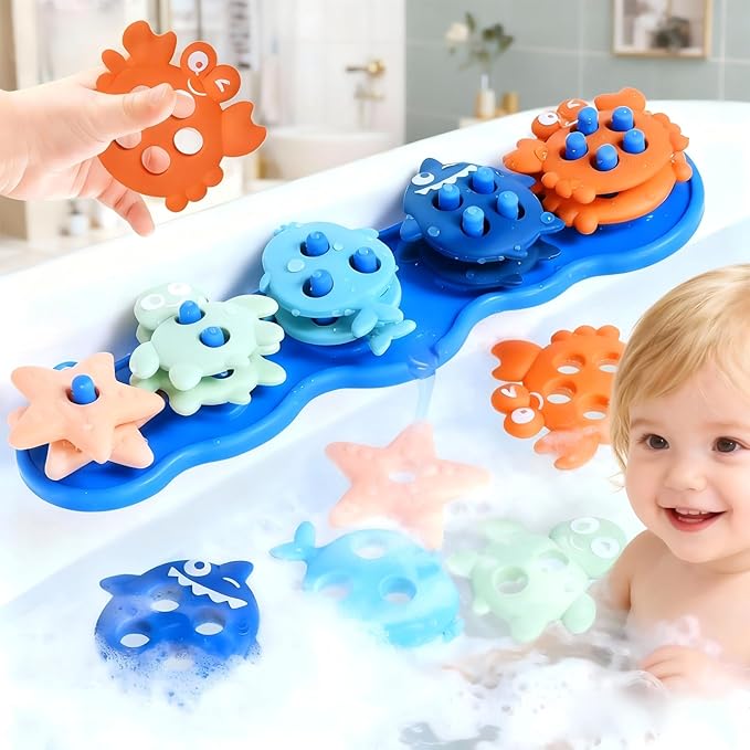 Baby Bath Toys,Silicone Mold Free Shape Sorting Stacking Toddler Bath Toy,Color Sorting Textured Floats,No Hole Early Learning Bathtub Shower Water Toys,Birthday Gifts for Boys Girls