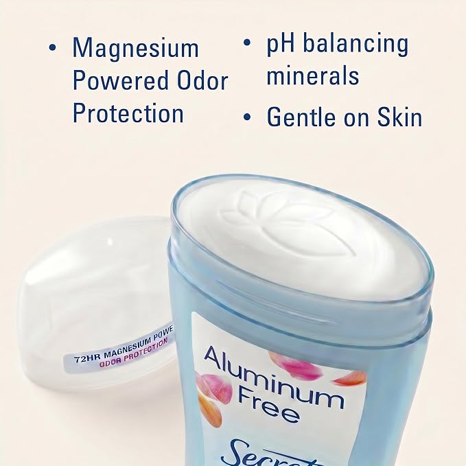 Secret Aluminum Free Deodorant for Women, 48hr Odor Protection, Free of Parabens Dyes Talc & Baking Soda, PH Balancing Minerals, Dry Solid, Rose Scent, 2.4 oz (Pack Of 3)