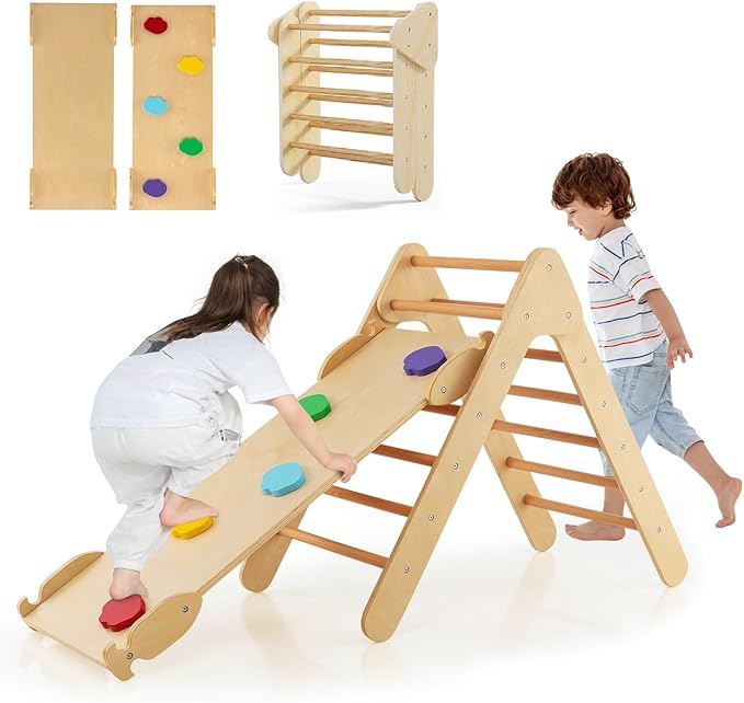 OLAKIDS Pikler Triangle Set 3 in 1 Climbing Toys for Toddlers Wood Montessori Baby Jungle Gym with Ramp Ladder Slide Kids Indoor Playground Activity Play Structure