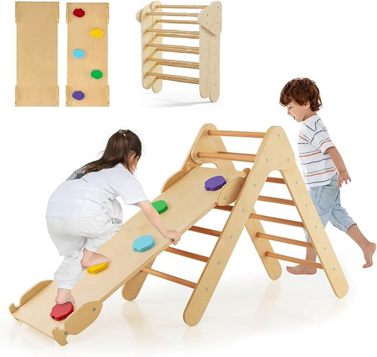 OLAKIDS Pikler Triangle Set 3 in 1 Climbing Toys for Toddlers Wood Montessori Baby Jungle Gym with Ramp Ladder Slide Kids Indoor Playground Activity Play Structure