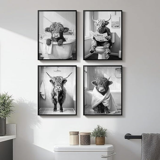 Framed Funny Highland Cow Bathroom Wall Art, 4 Piece Black and White Canvas Painting Prints, Fun Western Cow on Toilet in Bathtub Picture for Western Rustic Farmhouse Bathroom Home Decor, 11x14 Inch