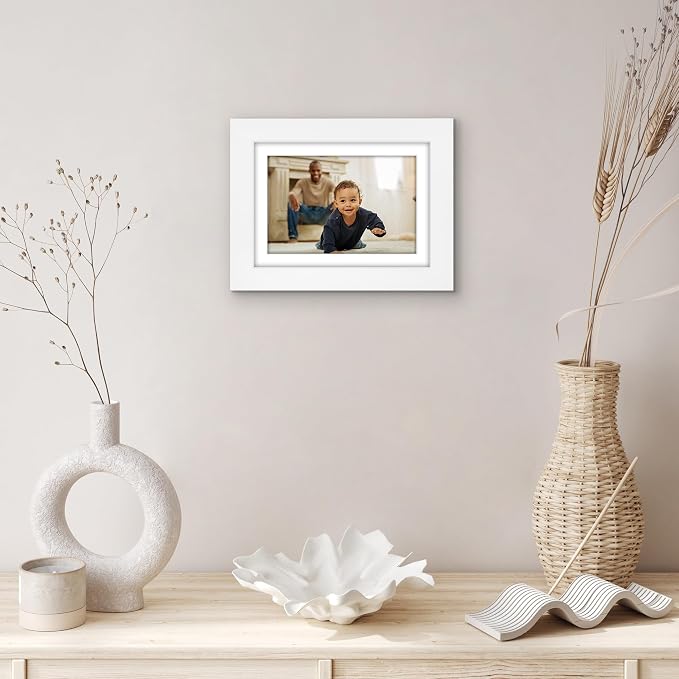 Americanflat 5x7 Picture Frame - Matted to 4x6 - Engineered Wood - White | Shatter-resistant glass, wall or tabletop display with included easel, sawtooth hangers included, use with or without mat