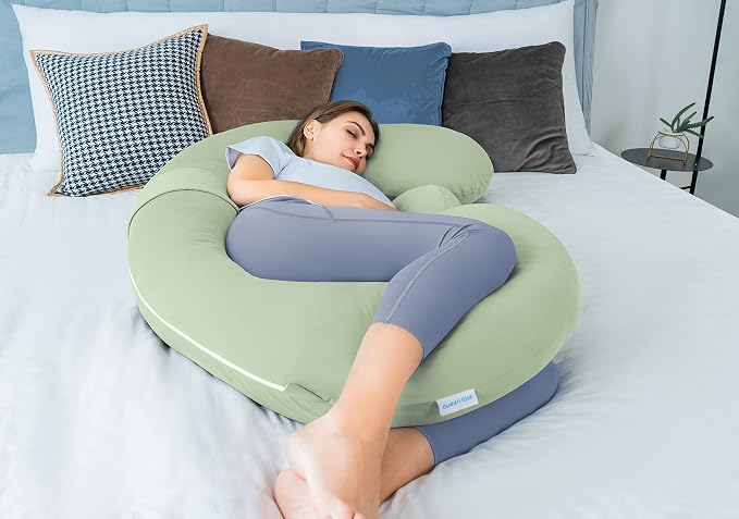 QUEEN ROSE Cooling Pregnancy Pillows - E Shaped Pregnancy Pillows for Sleeping, Detachable Body Pillow for Pregnant Side Sleeper, Cooling Silky Cotton Cover, Sage Green