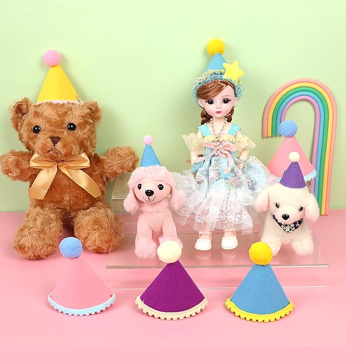 12 Pack Mini Party Hats for Stuffed Animals, Birthday Party Cone Hats, Rainbow Themed Felt Hat for Dolls Dog Cat Rabbit Puppies Assorted Animal Birthday Decorations - No Assembly Required