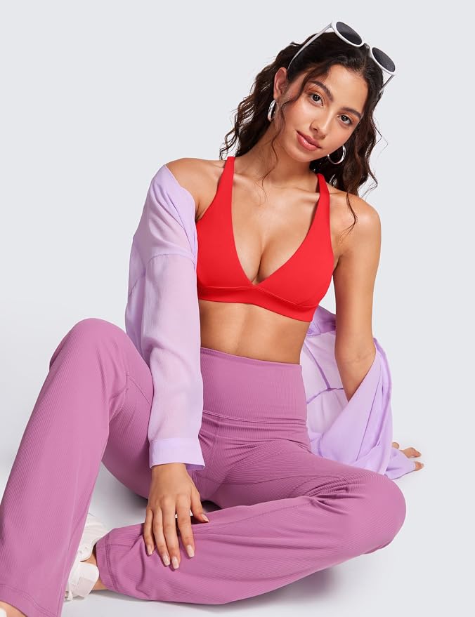 CRZ YOGA Butterluxe Deep V-Neck Sports Bras for Women - Spaghetti Strap Criss Cross Padded Top Low Coverage Wireless Yoga
