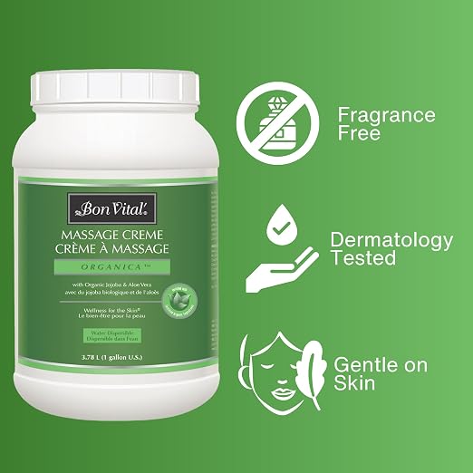 Bon Vital' Organica Organic Massage Creme, 1 Gallon, Organic Jojoba Oil, Non-Greasy, Hypoallergenic, Cream For Sensitive Skin, Massage Therapy & Muscle Relaxation, Spa Quality