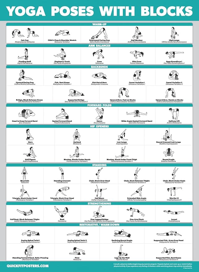 Palace Learning 2 Pack - Yoga Block Poses + Stretching Exercise Poster Set - Yoga Positions with Blocks Chart - Set of Two Fitness Charts