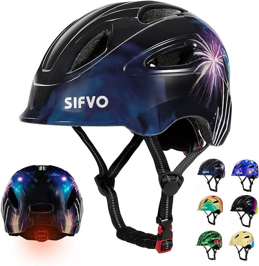 Kids Bike Helmet with LED Light, SIFVO Youth Toddler Boys Girls Helmets,2 Size Adjustable for Ages 3-5-10,Multi-Sport for Bicycle, Scooter, Skateboard,46-55cm