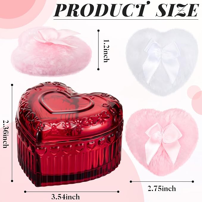 Tioncy 3 Pcs Large Body Powder Puff and Container Valentine's Day gift Powder Container with Puff Crystal Case Soft Washable Reusable Velour Face Body Glitter Wet Dry Makeup (Heart,Crimson)