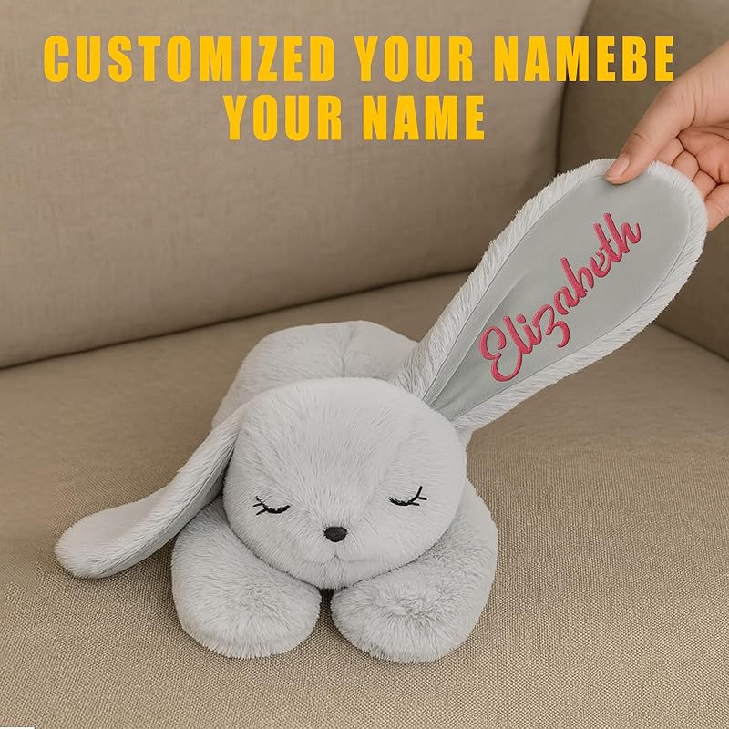Custom Lying Bunny Plush Embroidered Name Bunny Stuffed Animal, Personalised Rabbit Sleeping Buddy for Baby Birthday Easter Gift for Girls Toddlers Newborn(55CM)