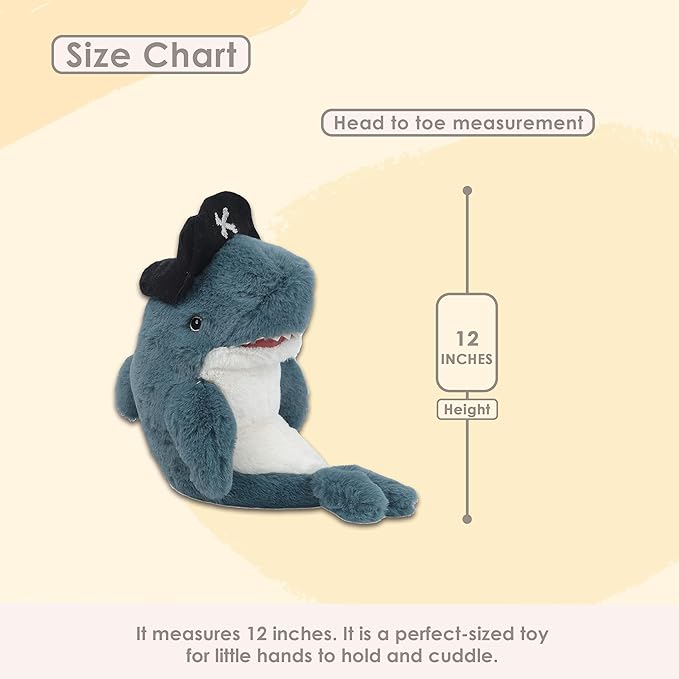 MON AMI Captain O'Fish Pirate Shark Stuffed Animal 12”, Soft & Cuddly, Use as Toy or Nursery Room Décor, Ocean Animals, Great for Kids of All Ages