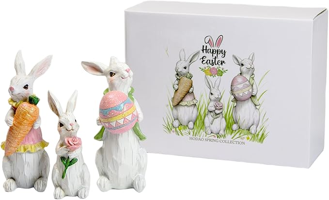 Hodao Easter Bunny Family Figurines, Hand-Painted Resin Rabbit Decor Set with Carrot, Flower & Easter Egg, Rustic Farmhouse Spring Tabletop Decorations, Cute for Home, Shelf, Mantel